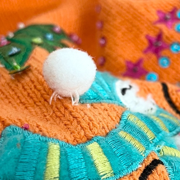 Vintage Christmas Sweater Orange Snowmen Sequins Cotton Ramie Size Small - Picture 6 of 10